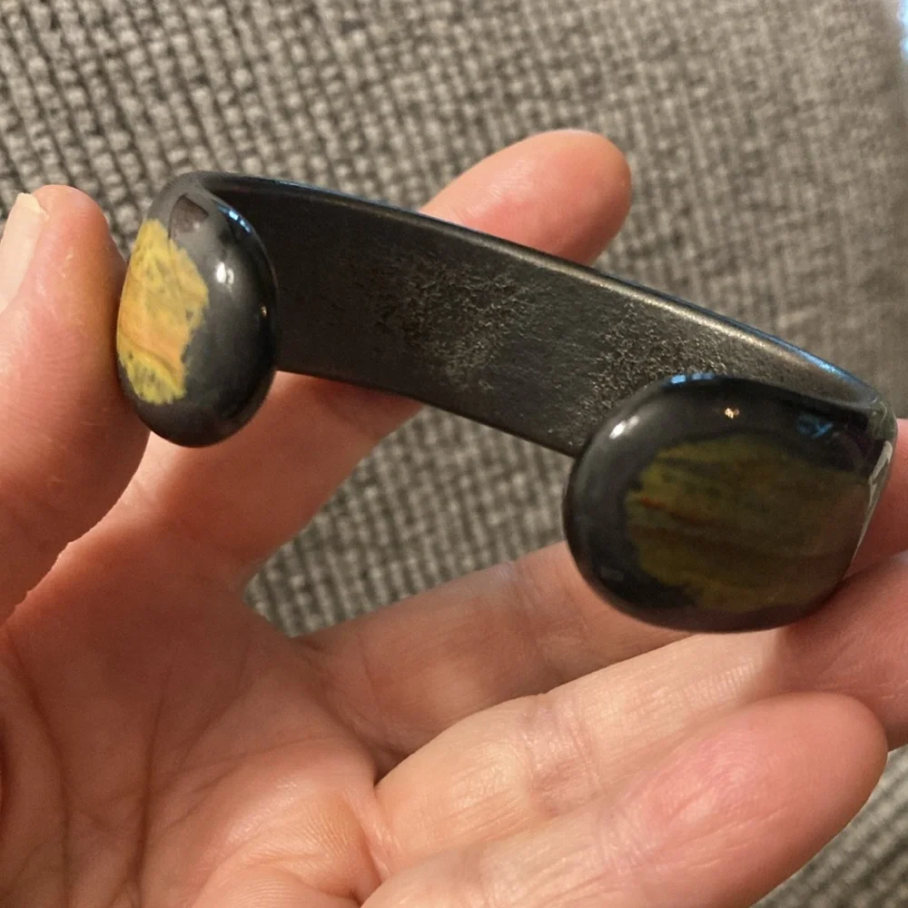 glass bangle bracelet black yellow abstract design